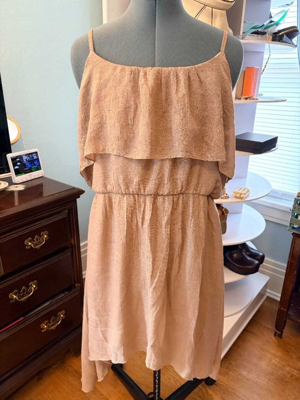 Studio W Tan Linen Blend Ruffle Dress 2X Boho Cottagecore Midi Resortwear Beach